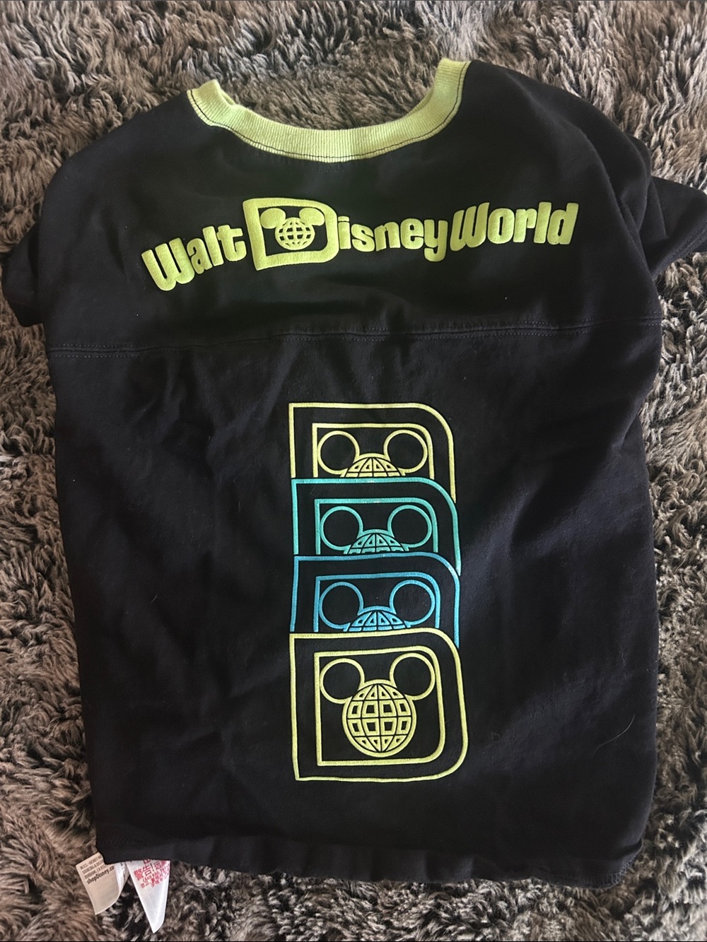 Disney Walt Disney World Black Spirit Jersey with Neon Yellow and Teal Graphics